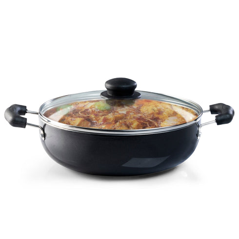 Elegant Non Stick Kadai with Glass Lid, 2.5L Capacity, 24 cm Diameter, Induction & Gas Oven Friendly, 3mm Thick, Riveted Cool Touch Handle, Granite Finish,  PFOA Free, Cooking, Frying, Serving, cookware, Black